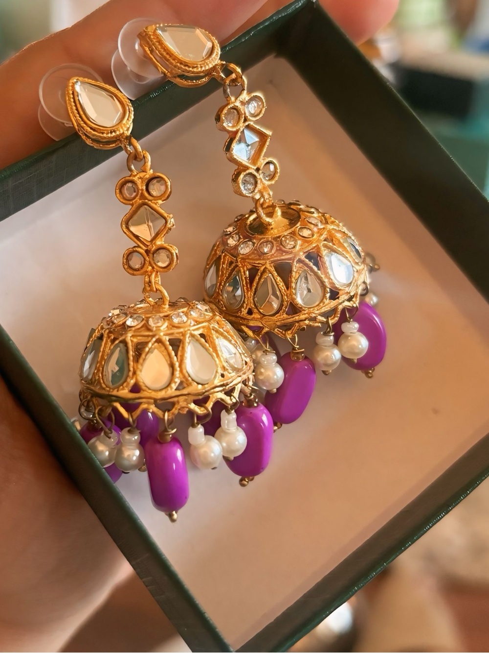 Gold and Purple Jhumka Earrings with Faux Pearl Accents